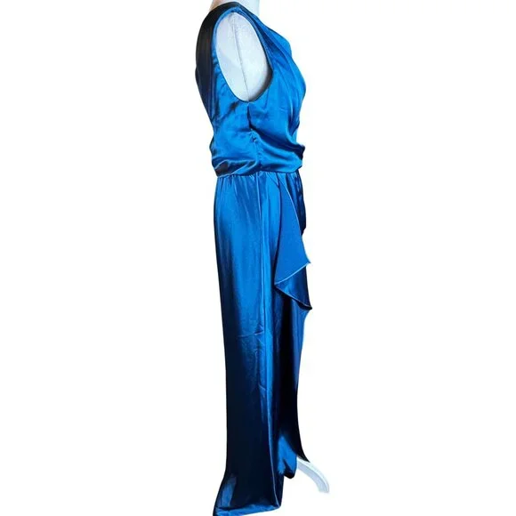 NWT XSCAPE One-Shoulder Satin Gown Ocean Blue Size 6 - Picture 13 of 16